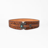 American Darling Women's Hand Tooled Leather Wide Belt Turquoise Buckle