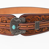 American Darling Women's Hand Tooled Leather Wide Belt Turquoise Buckle
