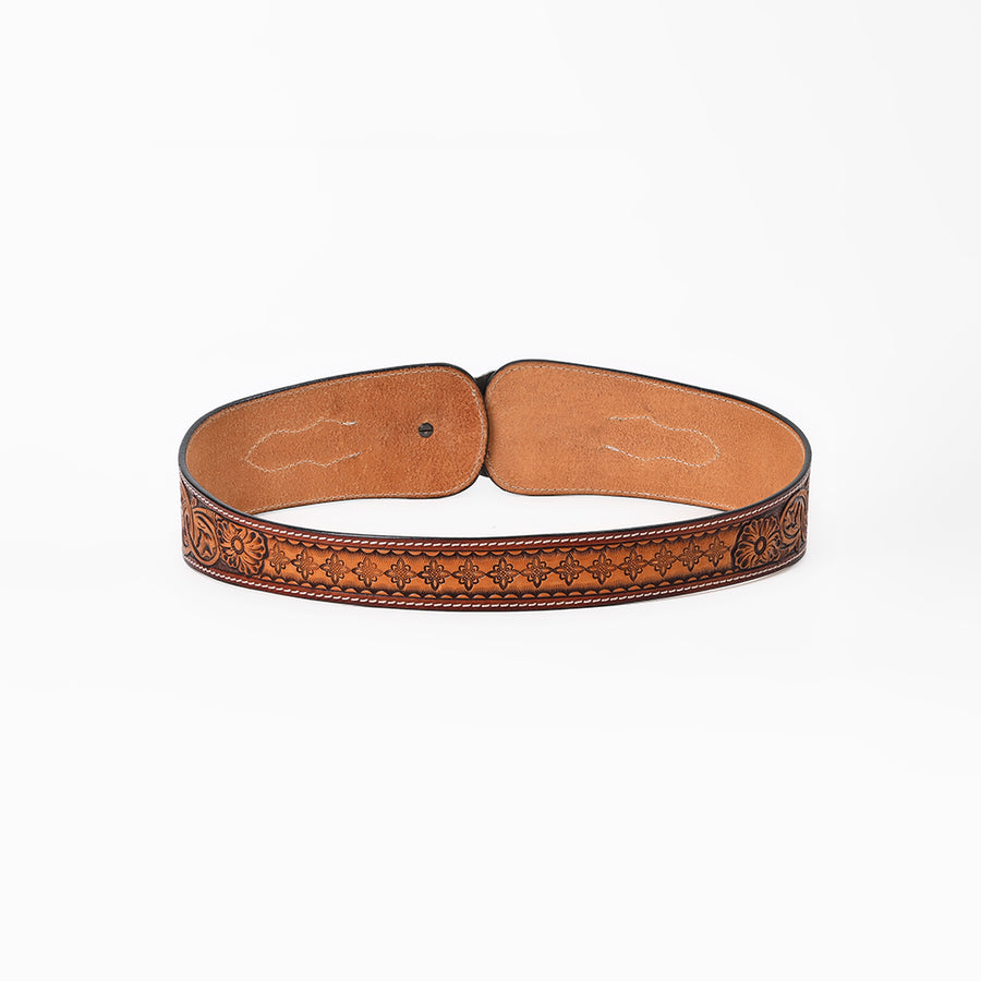 American Darling Women's Hand Tooled Leather Wide Belt Turquoise Buckle