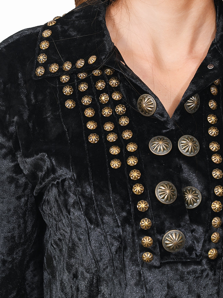 American Darling Women’s Velvet Studded Western Tunic Dress – Girls Top Antique Rivet Detail, Silky Soft Fit