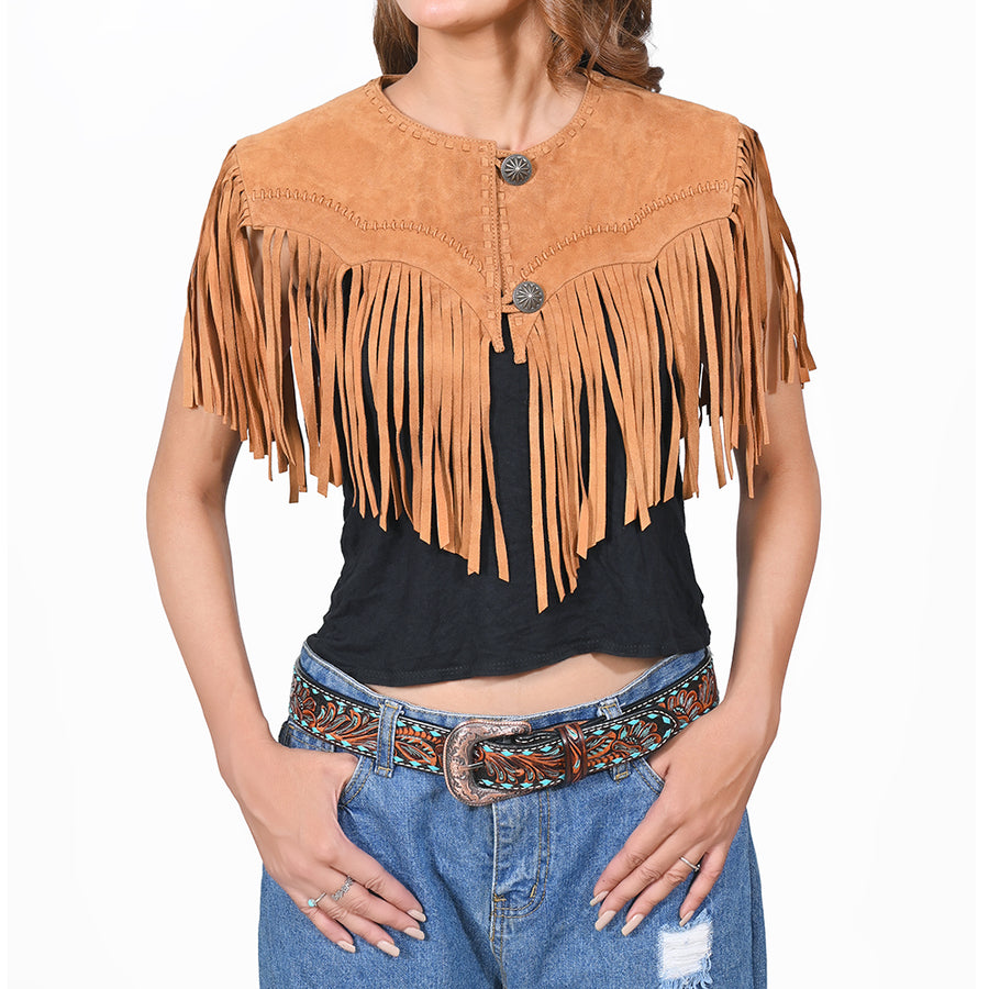 American Darling Women's Premium Tan Suede Leather Fringe Cape Western Vest Fashion Gift Travel