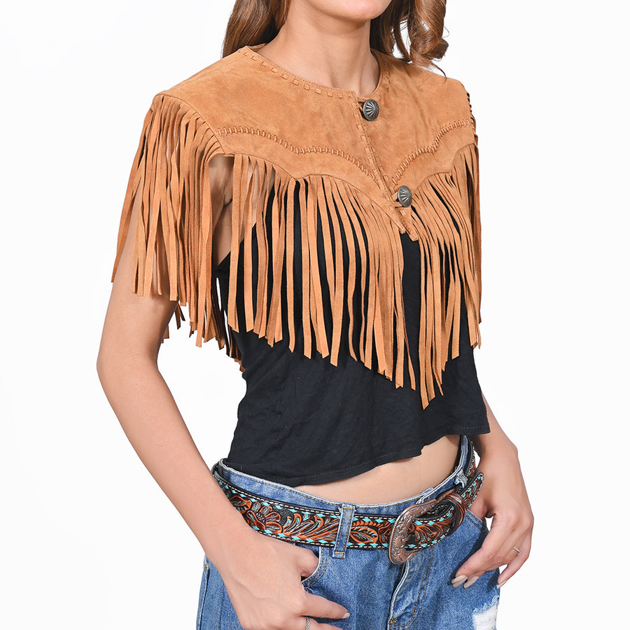 American Darling Women's Premium Tan Suede Leather Fringe Cape Western Vest Fashion Gift Travel