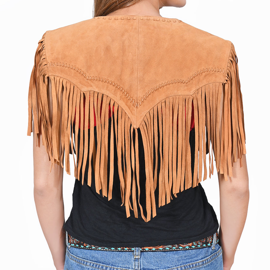 American Darling Women's Premium Tan Suede Leather Fringe Cape Western Vest Fashion Gift Travel