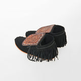 American Darling Hand Tooled Leather Flap Moccasins – Black Suede Western Fringe Shoes