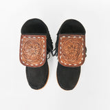 American Darling Hand Tooled Leather Flap Moccasins – Black Suede Western Fringe Shoes