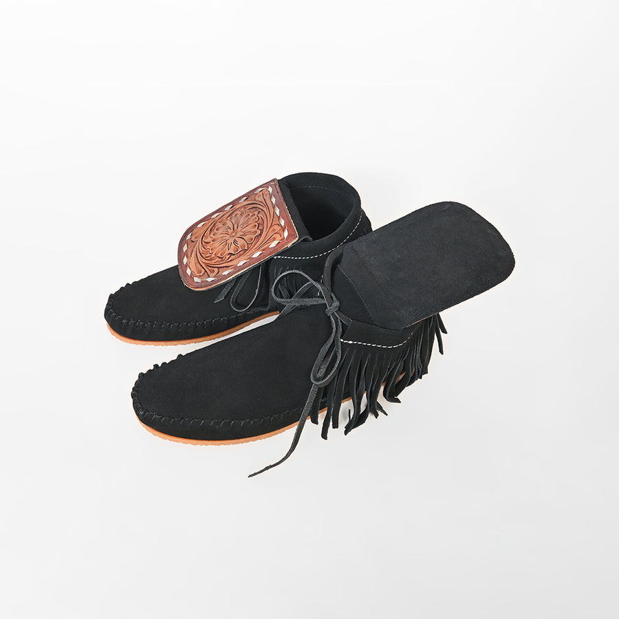 American Darling Hand Tooled Leather Flap Moccasins – Black Suede Western Fringe Shoes