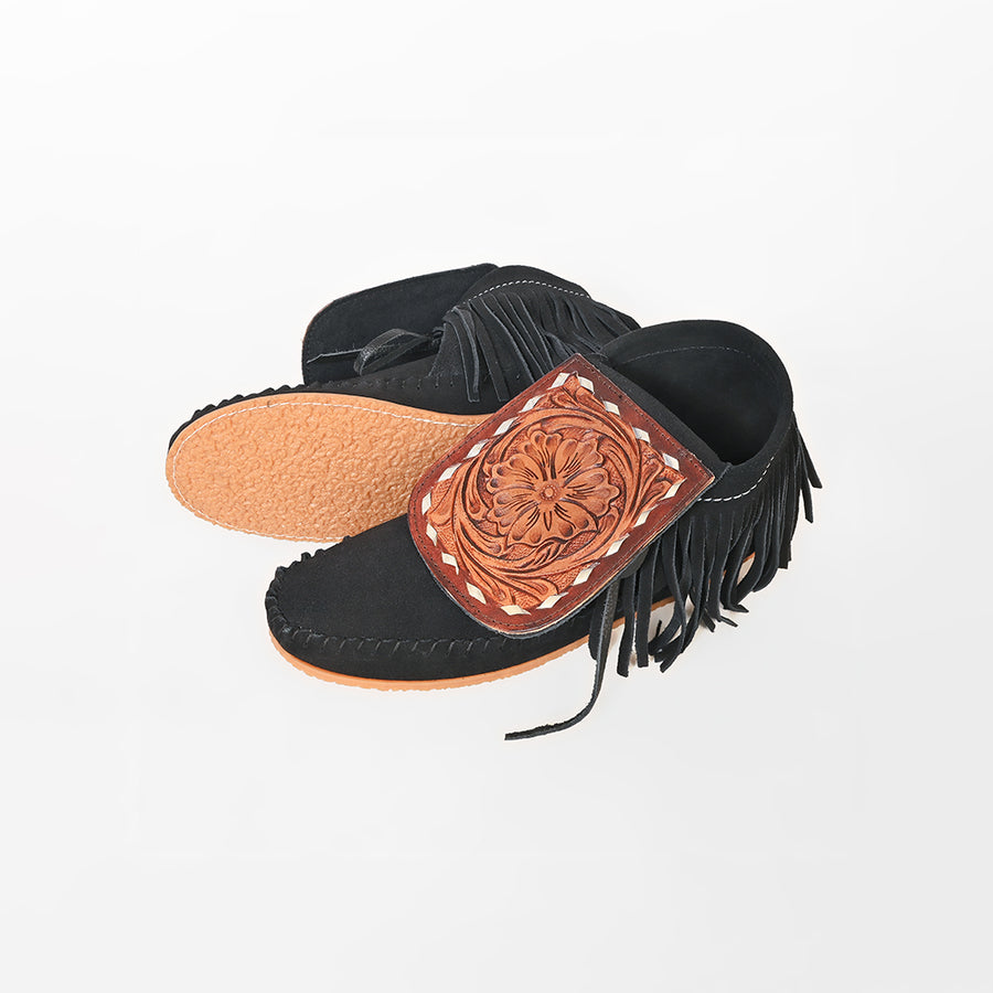 American Darling Hand Tooled Leather Flap Moccasins – Black Suede Western Fringe Shoes