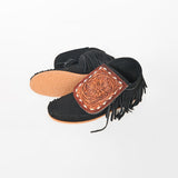 American Darling Hand Tooled Leather Flap Moccasins – Black Suede Western Fringe Shoes