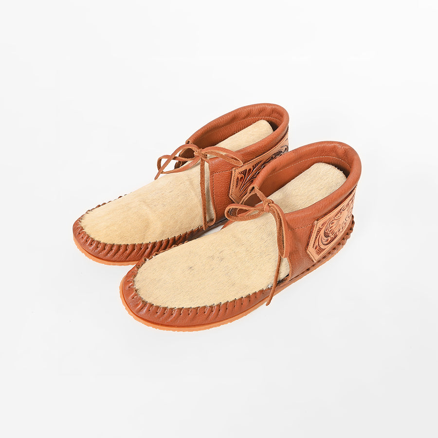 American Darling Hand Tooled Leather Hair-on-Hide Moccasins – Western Floral Ankle Moc Boots