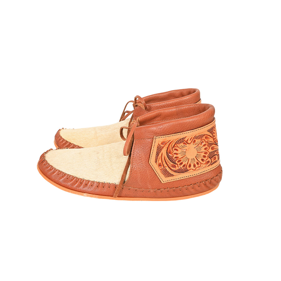 American Darling Hand Tooled Leather Hair-on-Hide Moccasins – Western Floral Ankle Moc Boots