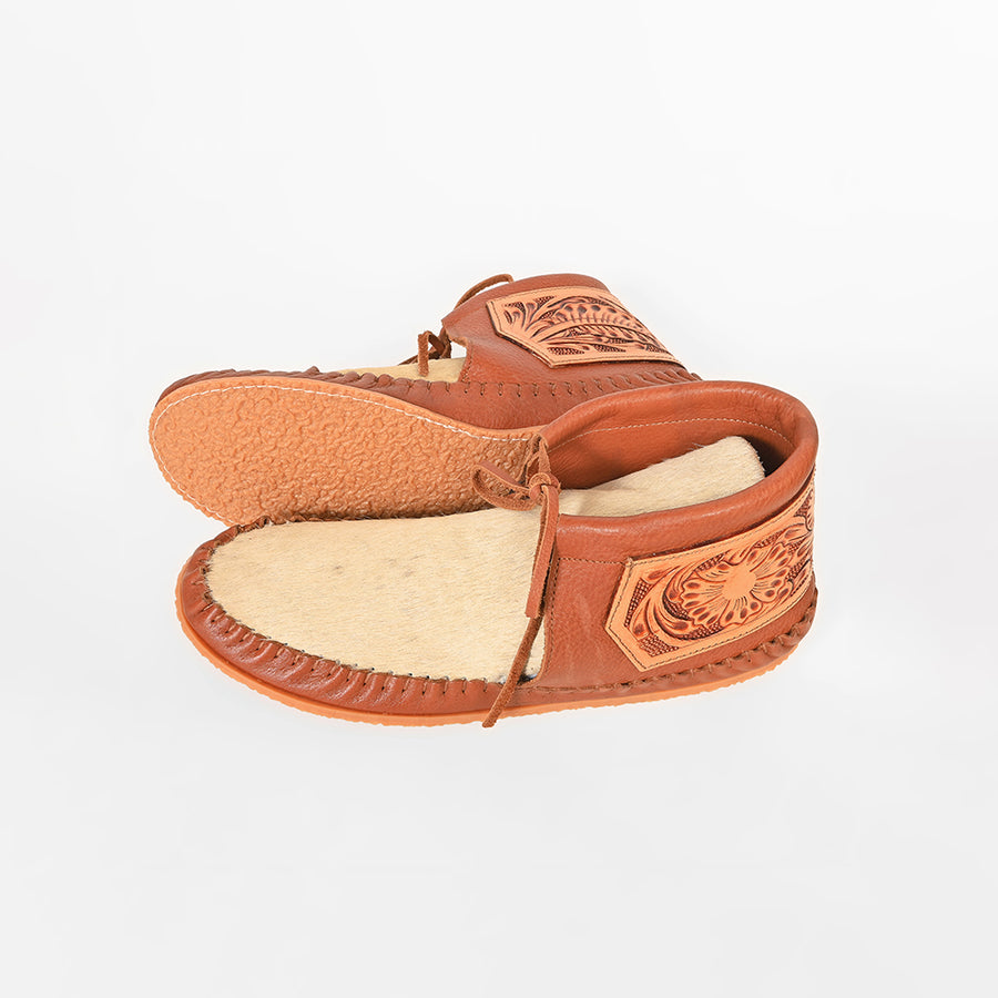 American Darling Hand Tooled Leather Hair-on-Hide Moccasins – Western Floral Ankle Moc Boots