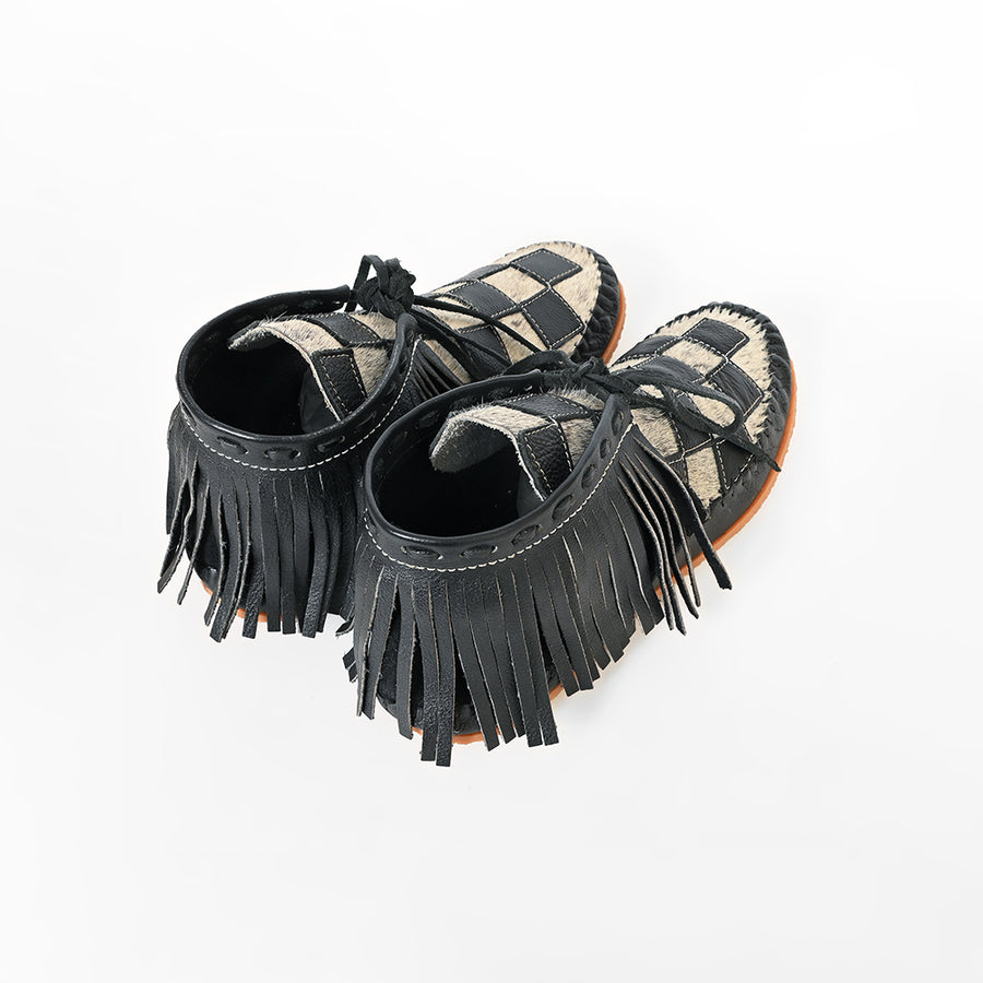 American Darling Checkerboard Hair-on-Hide Moc Moccasins – Western Fringe Leather Shoes