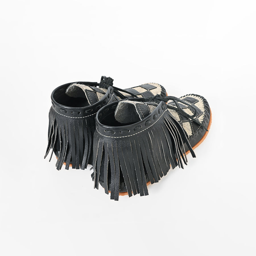 American Darling Checkerboard Hair-on-Hide Moc Moccasins – Western Fringe Leather Shoes