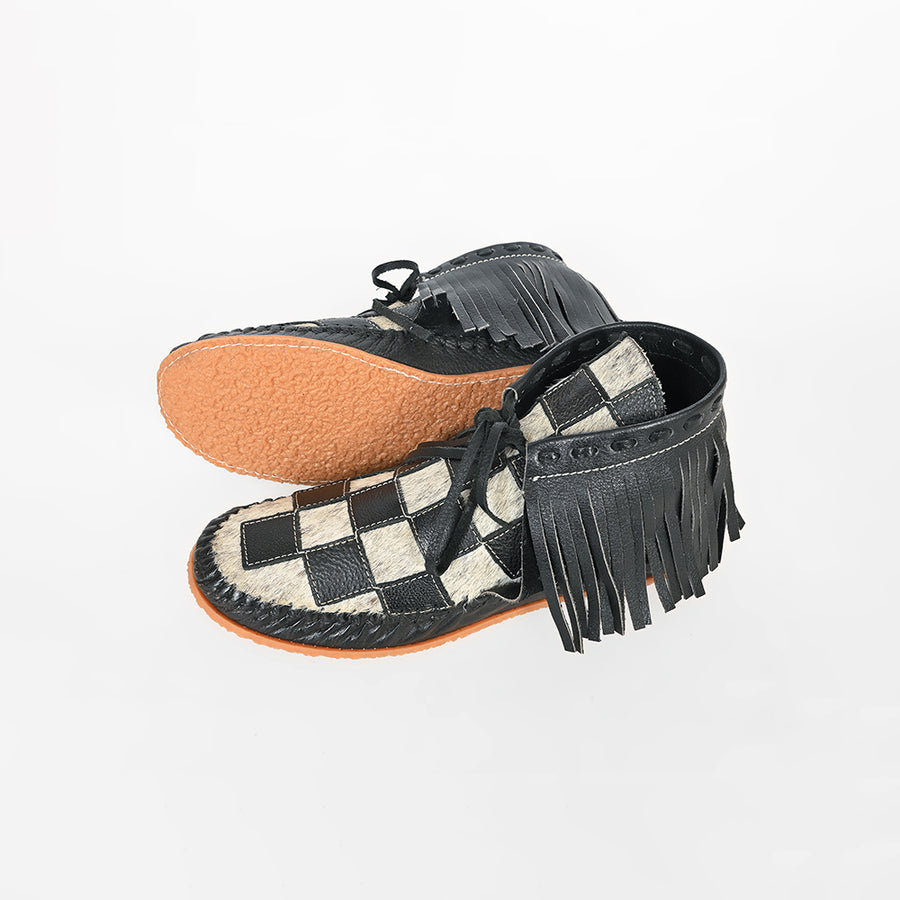 American Darling Checkerboard Hair-on-Hide Moc Moccasins – Western Fringe Leather Shoes