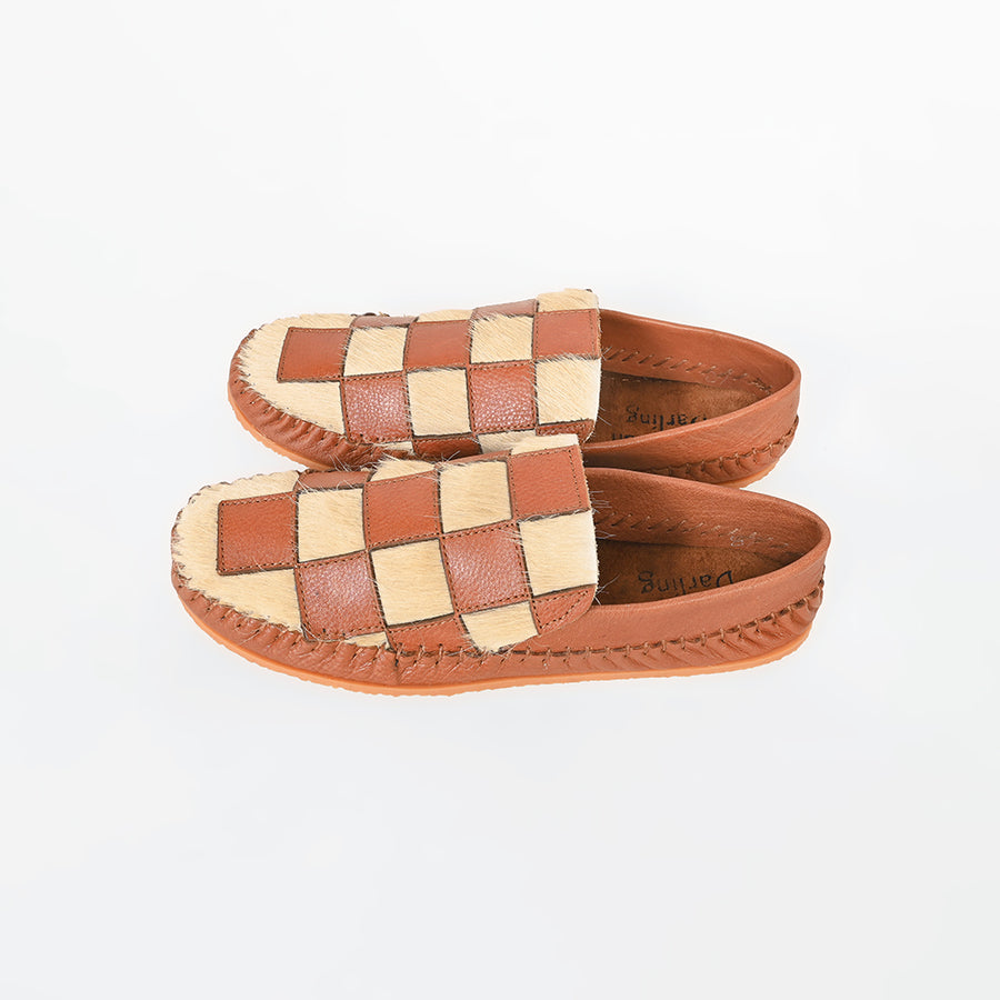 American Darling Checkerboard Hair-on-Hide Moccasins – Cognac Leather Slip-On Loafers