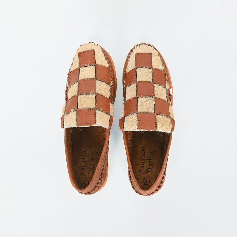 American Darling Checkerboard Hair-on-Hide Moccasins – Cognac Leather Slip-On Loafers