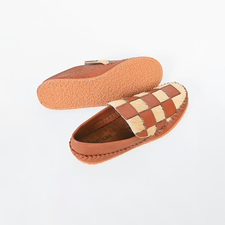 American Darling Checkerboard Hair-on-Hide Moccasins – Cognac Leather Slip-On Loafers