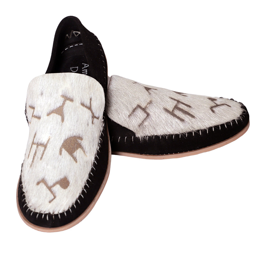 American Darling Western Hair-on-Hide Moccasins – Print Black Suede Slip-On Loafers