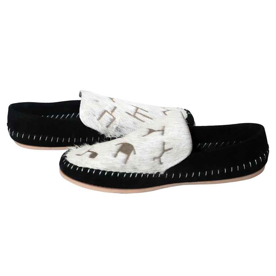 American Darling Western Hair-on-Hide Moccasins – Print Black Suede Slip-On Loafers