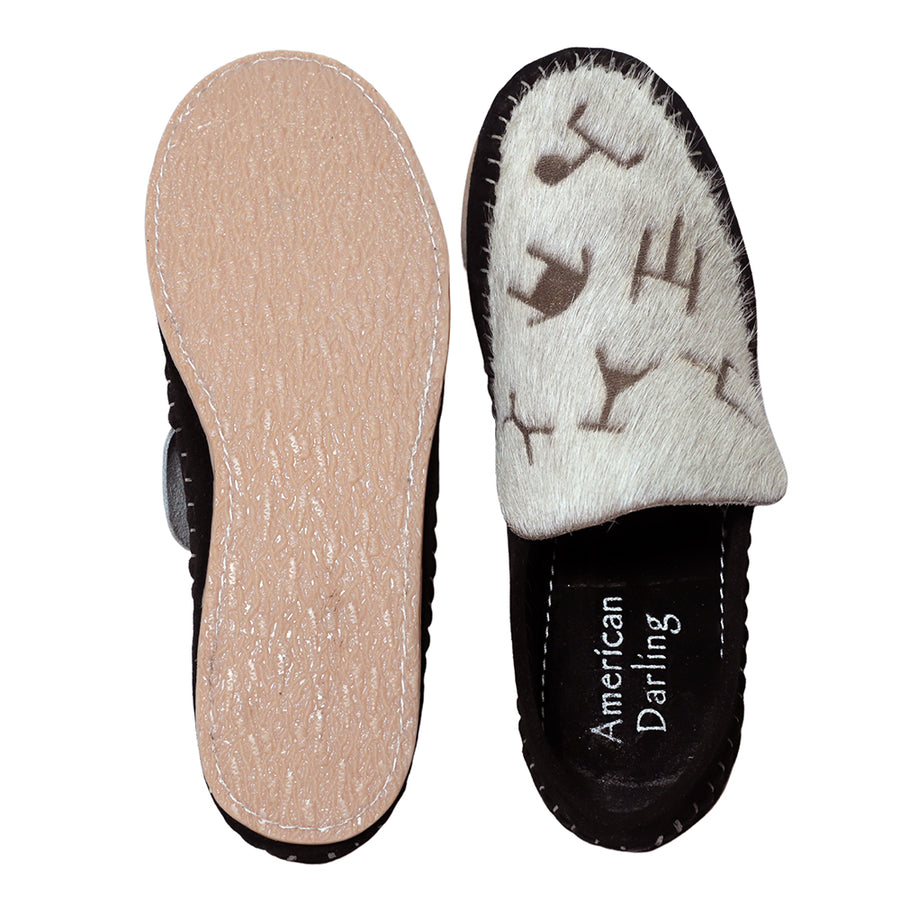 American Darling Western Hair-on-Hide Moccasins – Print Black Suede Slip-On Loafers