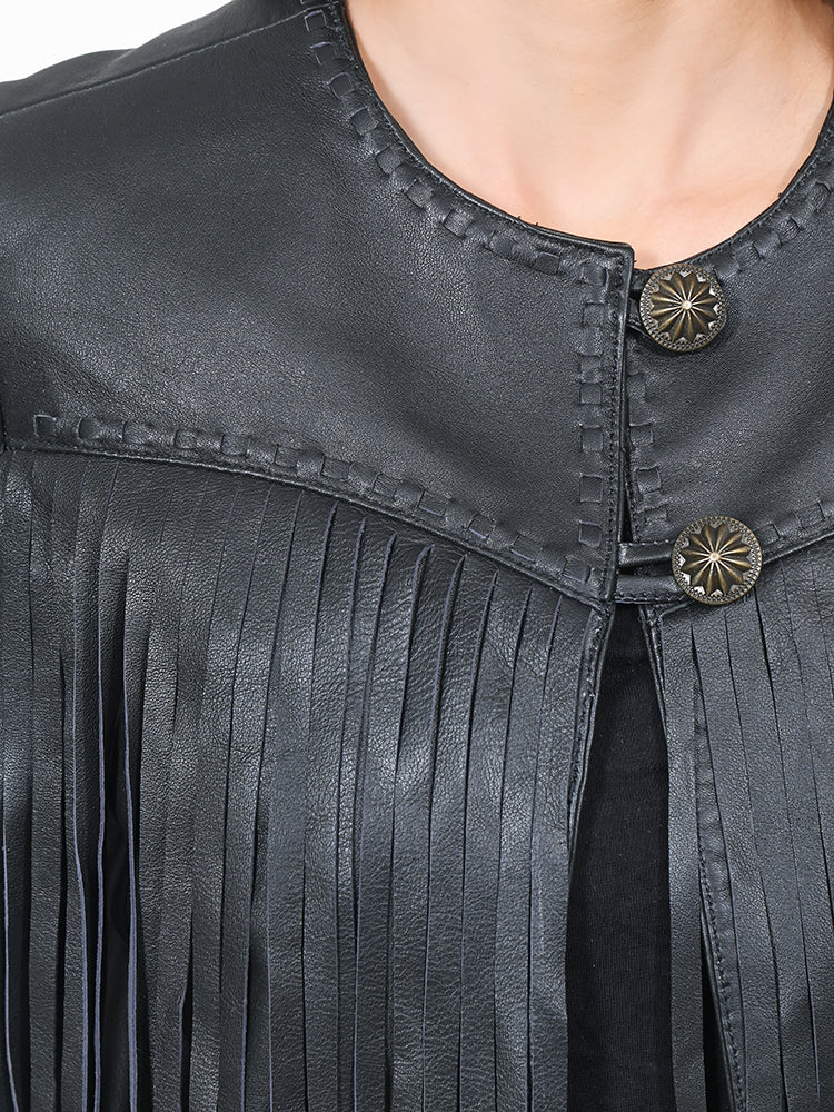 American Darling Women's Premium Black Leather Fringe Western Jacket