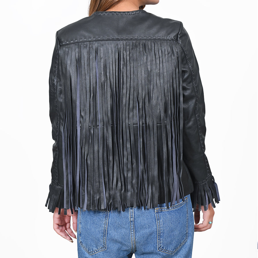 American Darling Women's Premium Black Leather Fringe Western Jacket