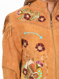 American Darling Women's Premium Tan Suede Leather Embroidered Horse Western Fringe Jacket