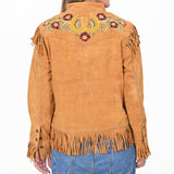 American Darling Women's Premium Tan Suede Leather Embroidered Horse Western Fringe Jacket