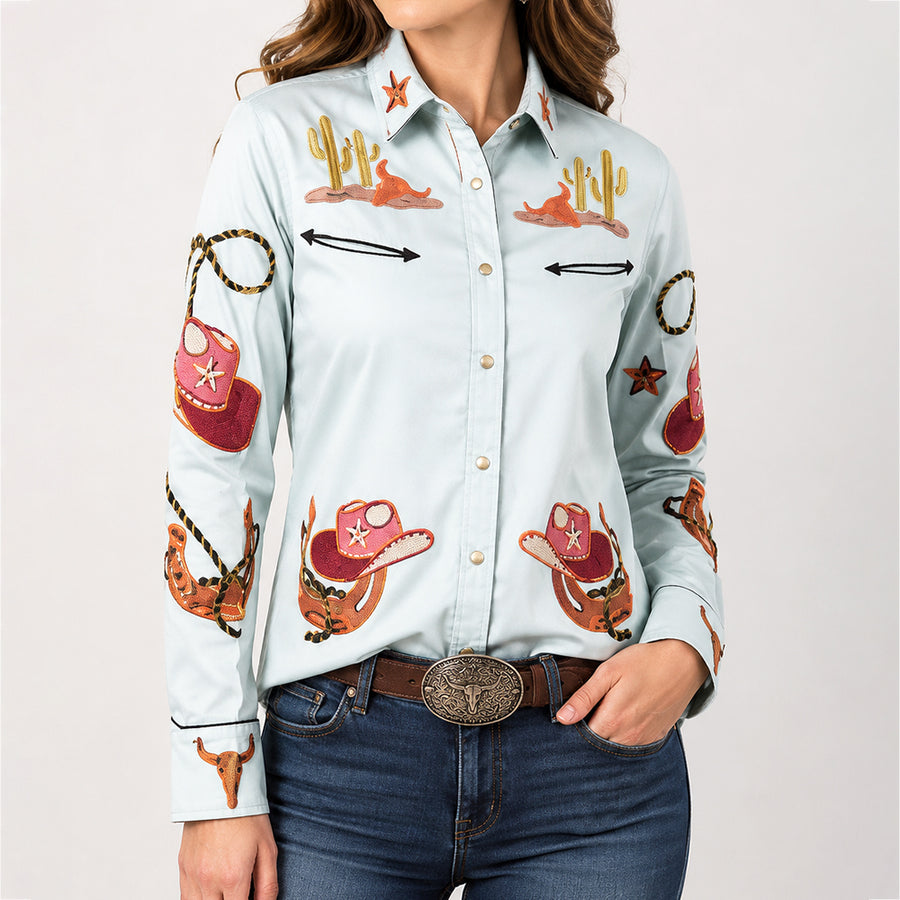 American Darling Green Western Apparel - Embroidered Cotton Lycra Cowboy Motif Shirt - Uhorse