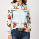 American Darling Green Western Apparel - Embroidered Cotton Lycra Cowboy Motif Shirt - Uhorse