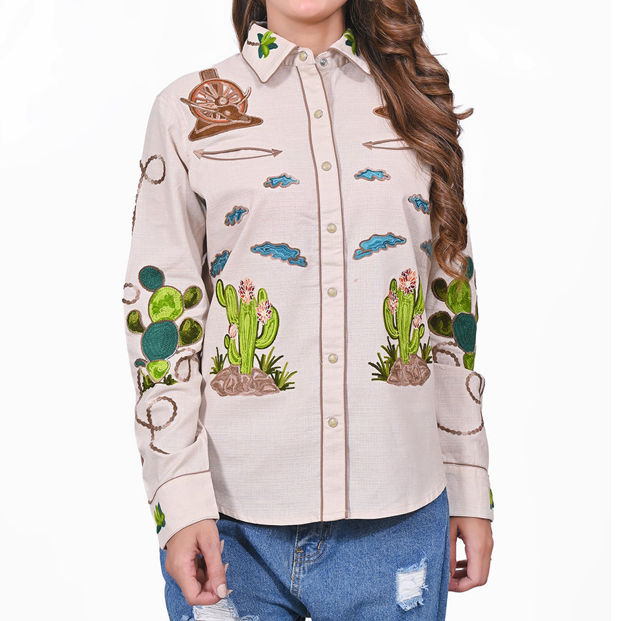 American Darling Light Beige Western Apparel - Embroidered Cotton Linen Desert Motif Shirt - Uhorse