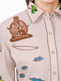 American Darling Western Apparel for Women Light Beige Cotton Linen Shirt with Hand-Stitched Wagon Wheel & Cactus Embroidery