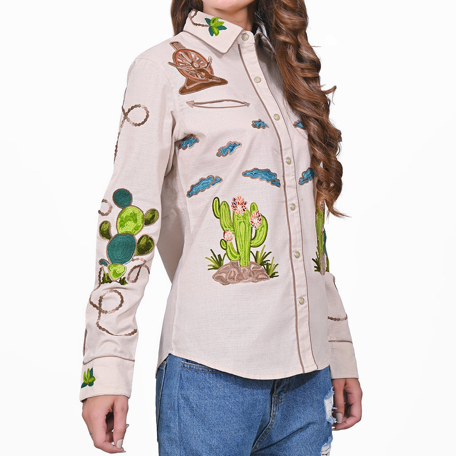 American Darling Western Apparel for Women Light Beige Cotton Linen Shirt with Hand-Stitched Wagon Wheel & Cactus Embroidery