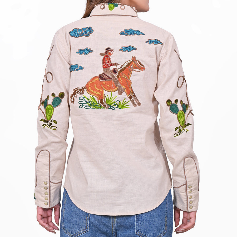 American Darling Western Apparel for Women Light Beige Cotton Linen Shirt with Hand-Stitched Wagon Wheel & Cactus Embroidery
