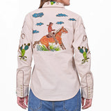 American Darling Western Apparel for Women Light Beige Cotton Linen Shirt with Hand-Stitched Wagon Wheel & Cactus Embroidery