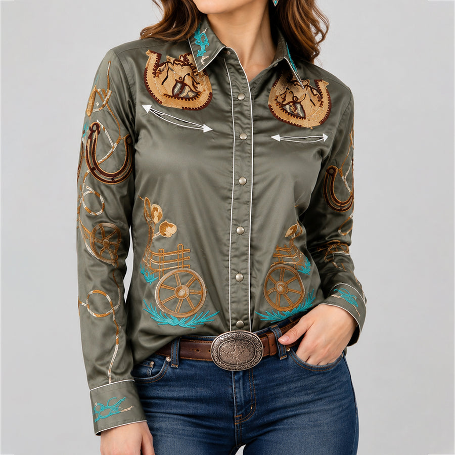 American Darling Saga Green Western Apparel - Embroidered Cotton Twill Horseshoe Shirt - Uhorse