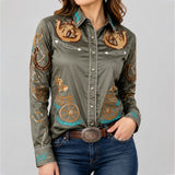 American Darling Saga Green Western Apparel - Embroidered Cotton Twill Horseshoe Shirt - Uhorse