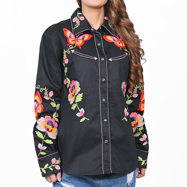American Darling Black Western Apparel - Embroidered Satin Cotton Floral Butterfly Shirt - Uhorse