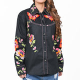 American Darling Black Western Apparel - Embroidered Satin Cotton Floral Butterfly Shirt - Uhorse