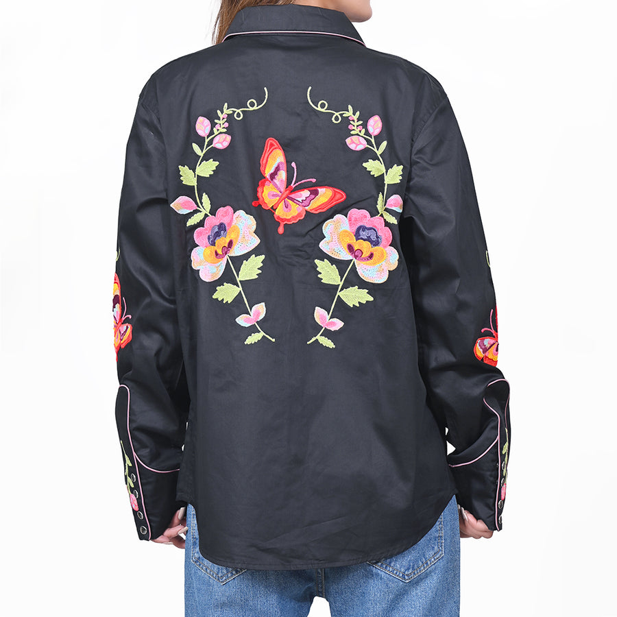 American Darling Western Apparel for Women Black Satin Cotton Shirt with Vibrant Floral & Butterfly Hand-Stitched Embroidery