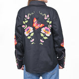 American Darling Western Apparel for Women Black Satin Cotton Shirt with Vibrant Floral & Butterfly Hand-Stitched Embroidery