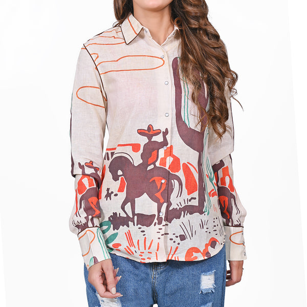 American Darling 100% Linen Western Printed Shirt – Desert Graphic Button Down Long Sleeve Top