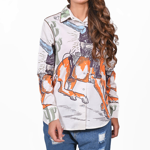 American Darling 100% Satin Cotton Western Shirt – Rodeo Print Button Down Long Sleeve Top