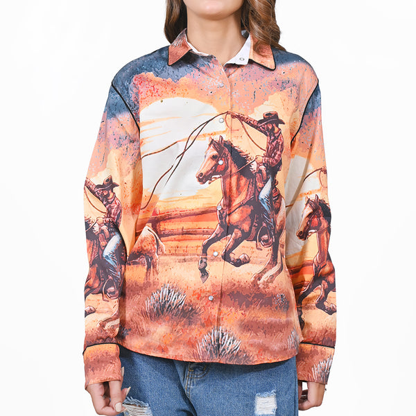 American Darling 100% Satin Cotton Western Shirt – Sunset Cowboy Rodeo Graphic Button Down Top