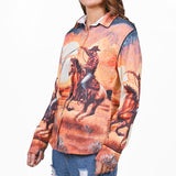 American Darling 100% Satin Cotton Western Shirt – Sunset Cowboy Rodeo Graphic Button Down Top