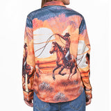 American Darling 100% Satin Cotton Western Shirt – Sunset Cowboy Rodeo Graphic Button Down Top