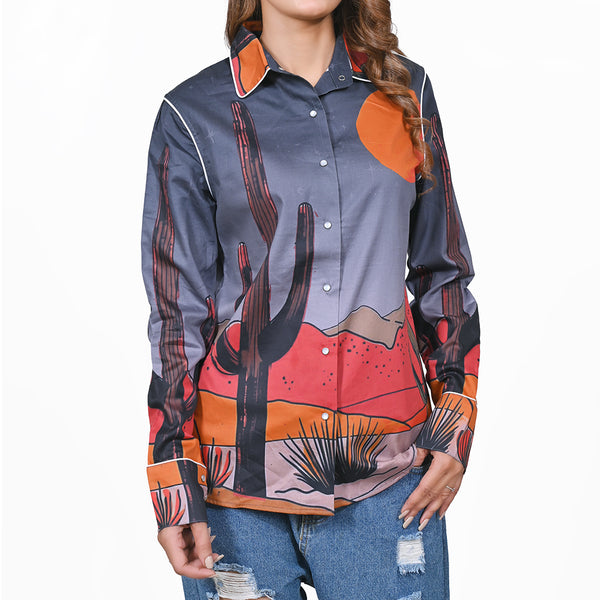 American Darling 100% Satin Cotton Western Shirt – Desert Cactus Graphic Button Down Top