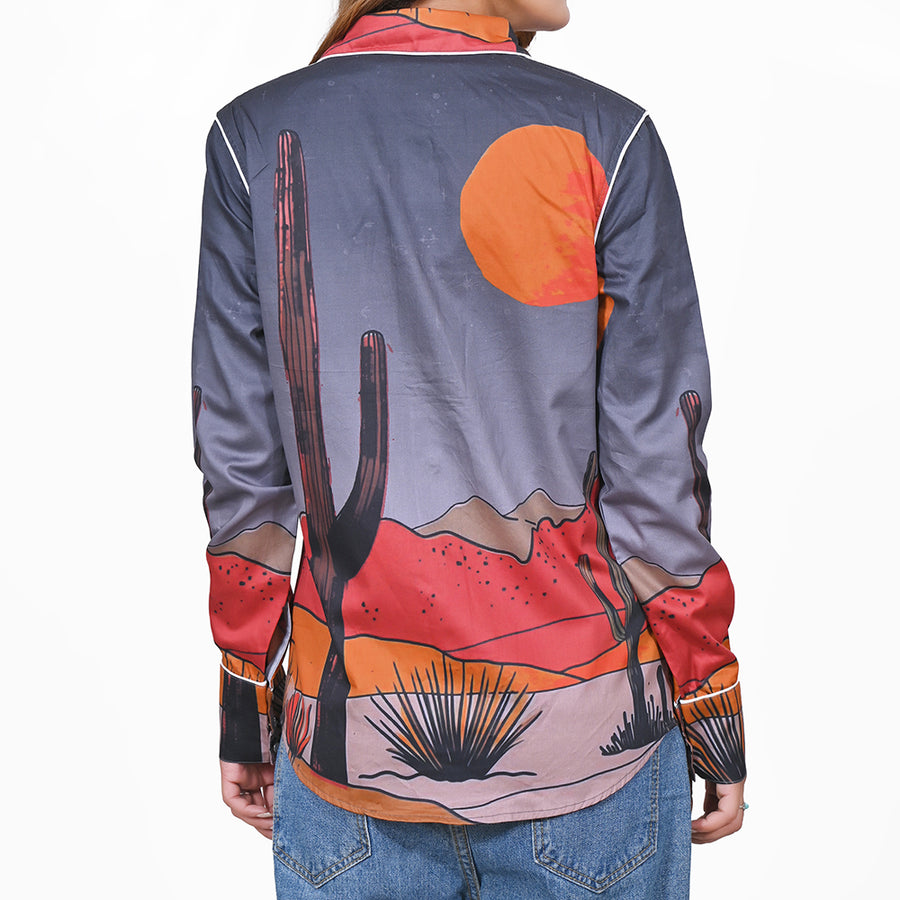 American Darling 100% Satin Cotton Western Shirt – Desert Cactus Graphic Button Down Top