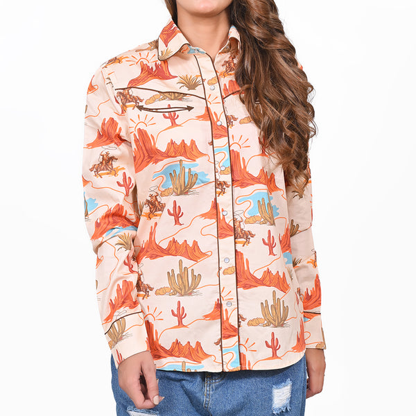 American Darling 100% Satin Cotton Western Shirt – Desert Canyon & Cowboy Print Button Down Top