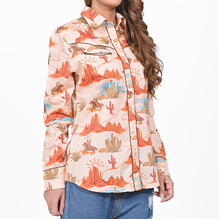 American Darling 100% Satin Cotton Western Shirt – Desert Canyon & Cowboy Print Button Down Top